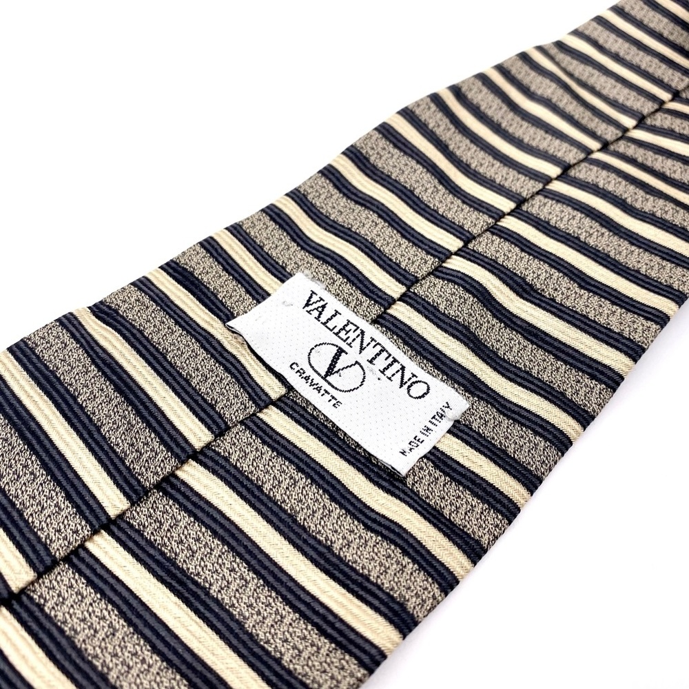 VALENTINO Tie Silk Beige Black Striped Pattern - Picture 3 of 3